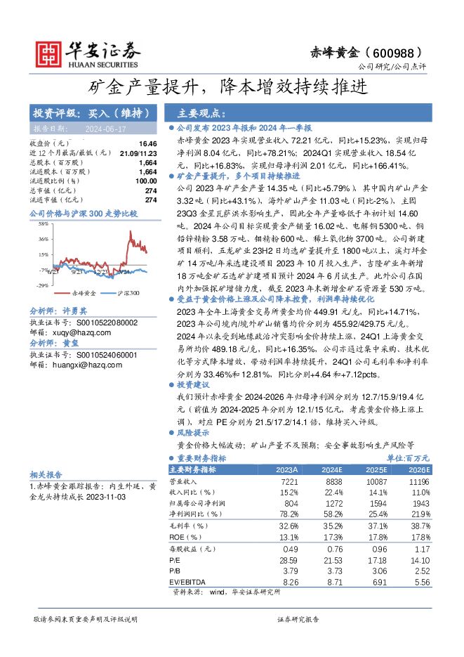 赤峰黄金 矿金产量提升，降本增效持续推进 华安证券 2024-06-17（3页） 附下载