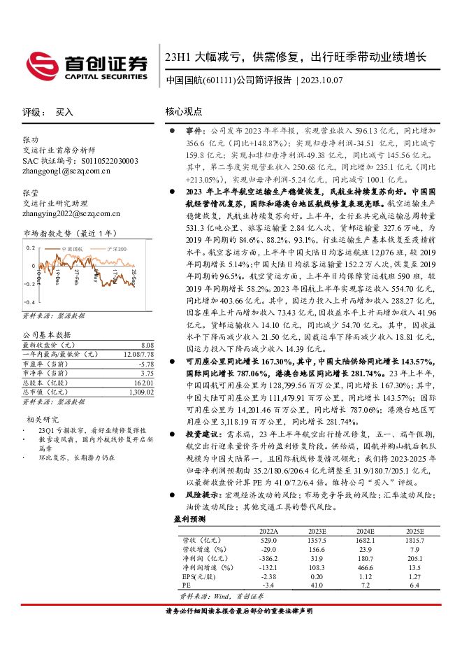 中国国航 公司简评报告：23H1大幅减亏，供需修复，出行旺季带动业绩增长 首创证券 2023-10-08（3页） 附下载