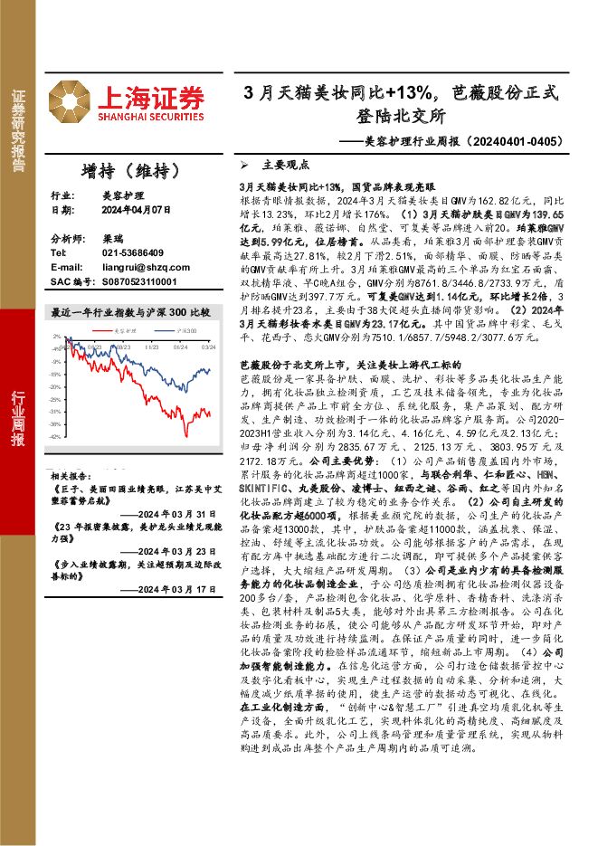 美容护理行业周报：3月天猫美妆同比+13%，芭薇股份正式登陆北交所 上海证券 2024-04-07（3页） 附下载