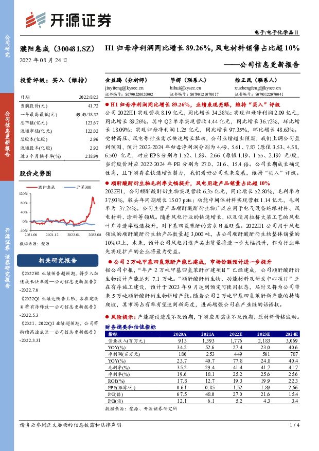 濮阳惠成 公司信息更新报告：H1归母净利润同比增长89.26%，风电材料销售占比超10% 开源证券 2022-08-24 附下载