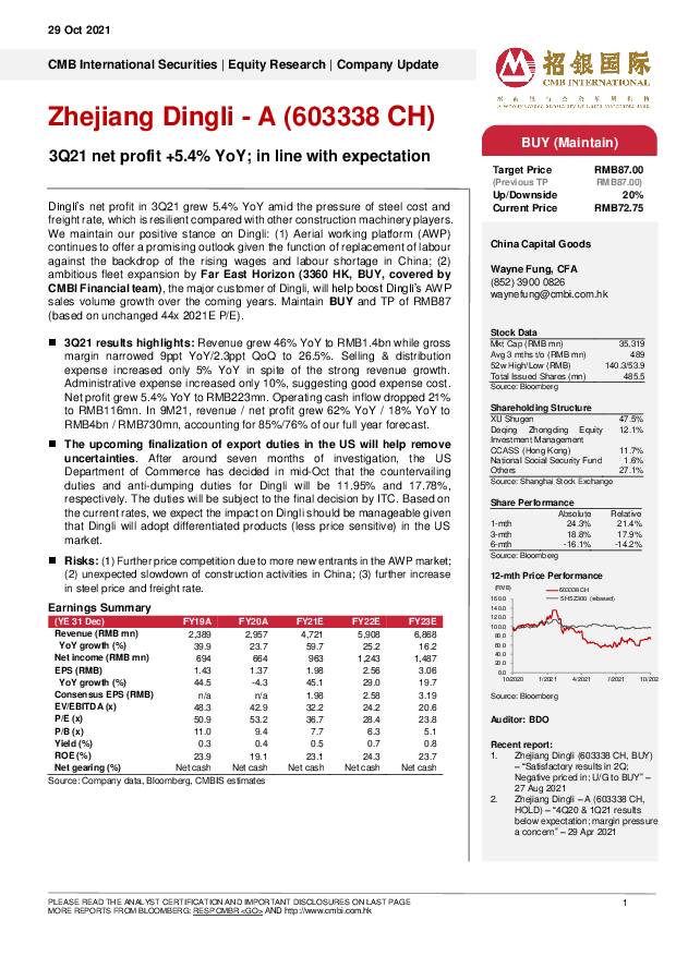 浙江鼎力 3Q21 net profit +5.4% YoY; in line with expectation 招银国际 2021-10-29
