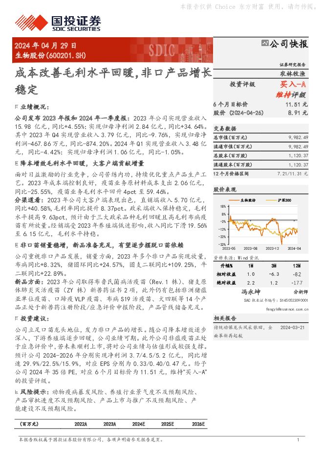 生物股份 成本改善毛利水平回暖，非口产品增长稳定 国投证券 2024-04-29（5页） 附下载