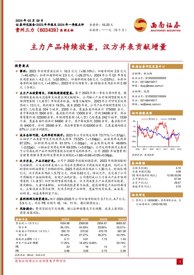 贵州三力 主力产品持续放量，汉方并表贡献增量 西南证券 2024-05-12（7页） 附下载