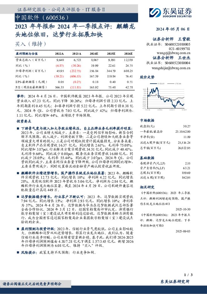 中国软件 2023年年报和2024年一季报点评：麒麟龙头地位依旧，达梦行业拓展加快 东吴证券 2024-05-06（3页） 附下载