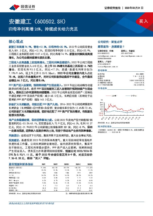 安徽建工 归母净利高增26%，持续成长动力充足 国信证券 2023-03-31 附下载