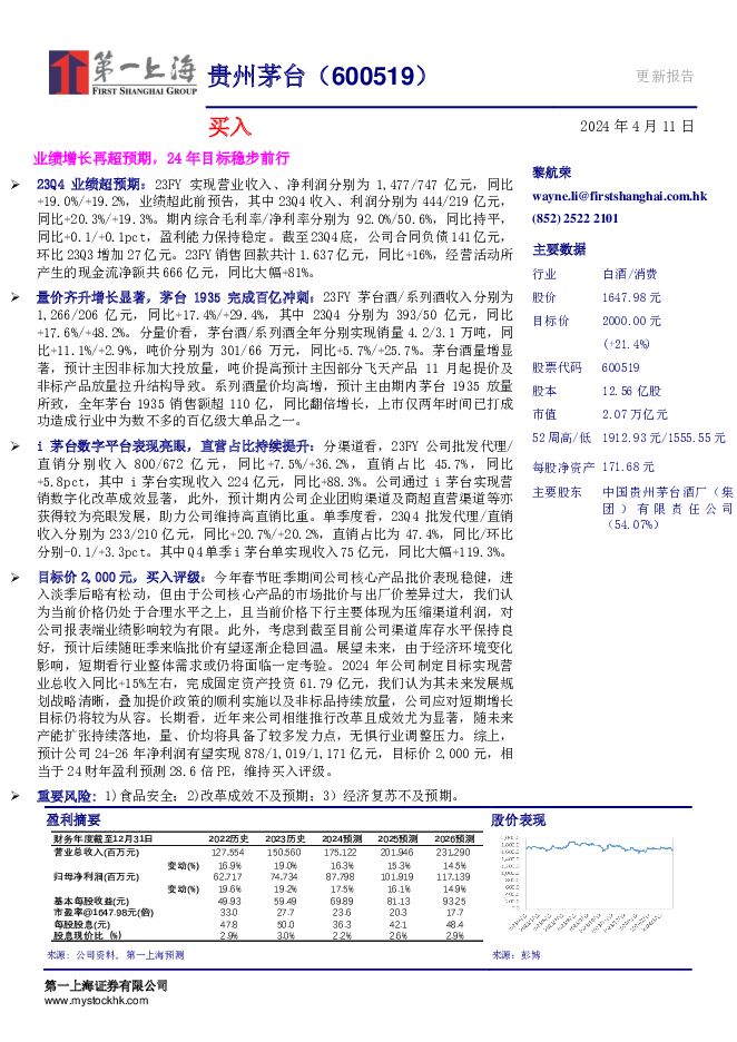贵州茅台 业绩增长再超预期，24年目标稳步前行 第一上海证券 2024-04-12（3页） 附下载