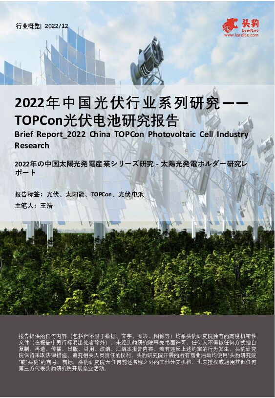 2022年中国光伏行业系列研究：TOPCon光伏电池研究报告 头豹研究院 2023-02-21 附下载