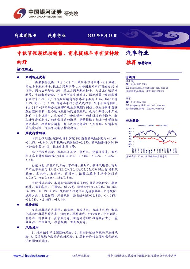 汽车行业周报：中秋节假期扰动销售，需求提振车市有望持续向好 中国银河 2022-09-19 附下载