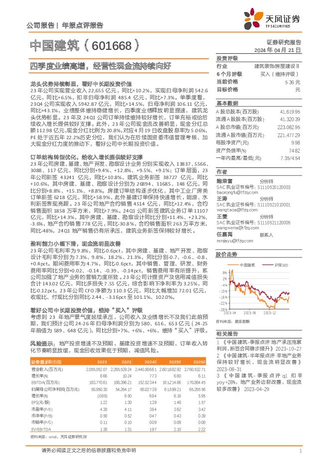 中国建筑 四季度业绩高增，经营性现金流持续向好 天风证券 2024-04-22（3页） 附下载
