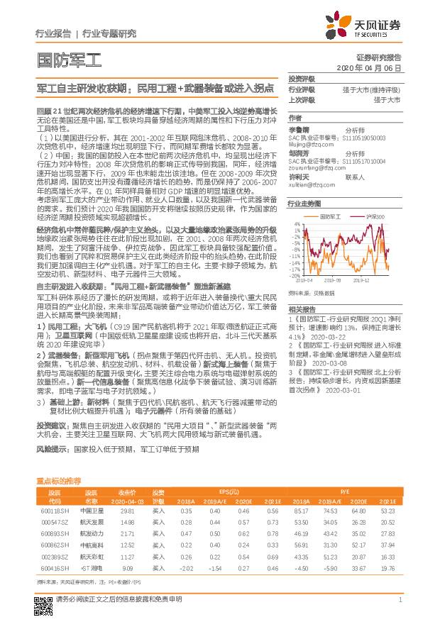 国防军工行业专题研究：军工自主研发收获期：民用工程+武器装备或进入拐点 天风证券 2020-04-07