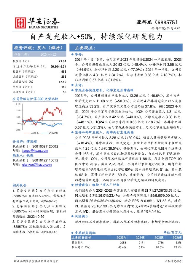 亚辉龙 自产发光收入+50%，持续深化研发能力 华安证券 2024-04-22（4页） 附下载