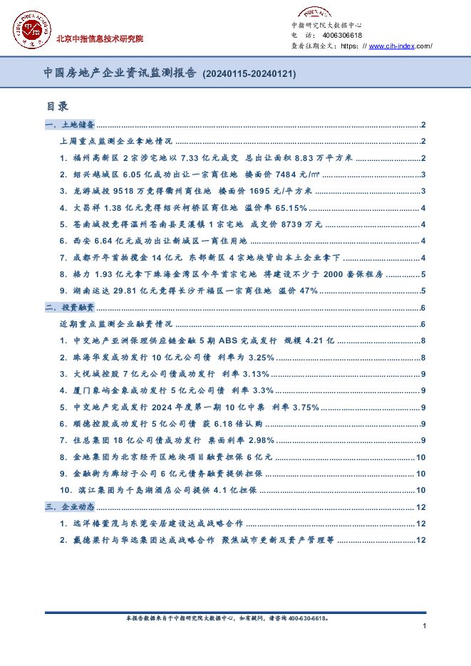 中国房地产企业资讯监测报告 中国指数研究院 2024-01-25（12页） 附下载
