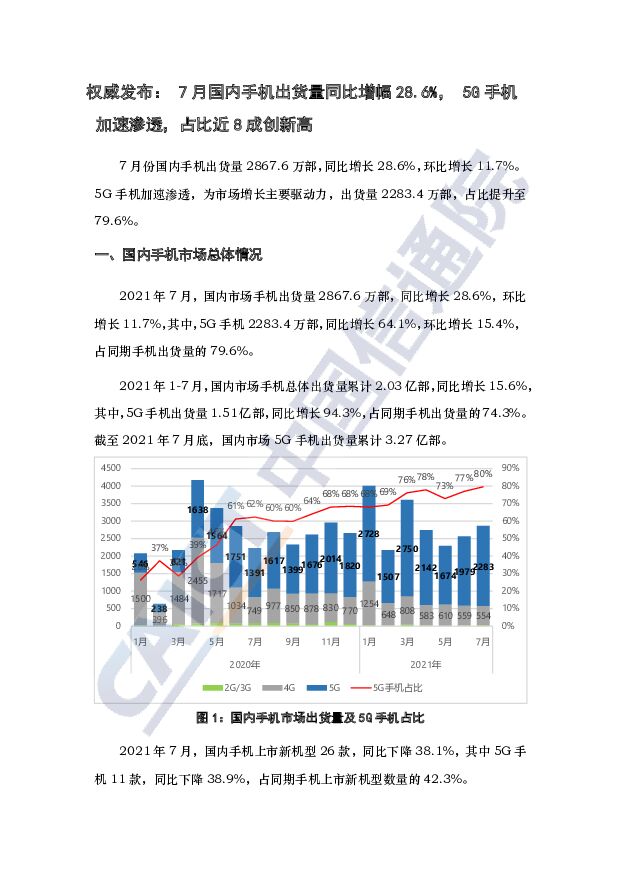 2021年7月国内手机市场运行分析报告（中文版）中国信通院