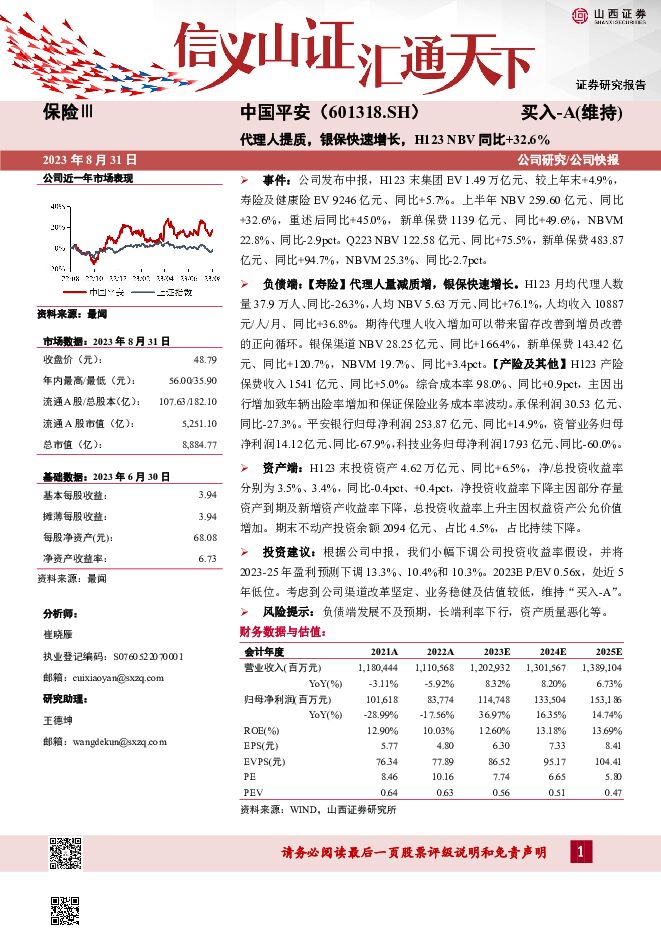 中国平安 代理人提质，银保快速增长，H123NBV同比+32.6% 山西证券 2023-08-31（4页） 附下载