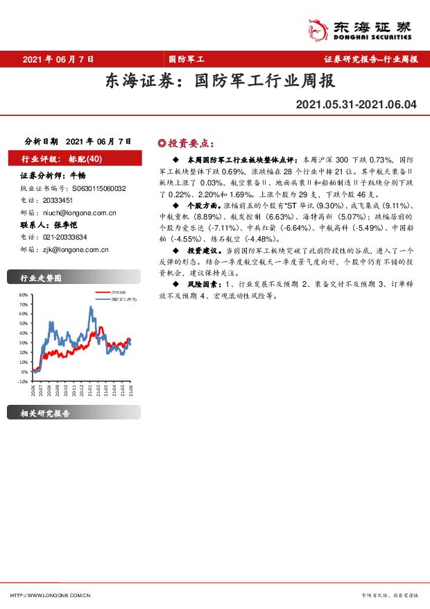 国防军工行业周报 东海证券 2021-06-08