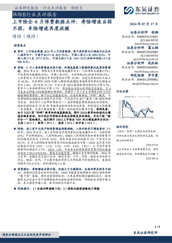 上市险企6月保费数据点评：寿险增速当弱不弱，车险增速再度放缓 东吴证券 2024-07-18（5页） 附下载