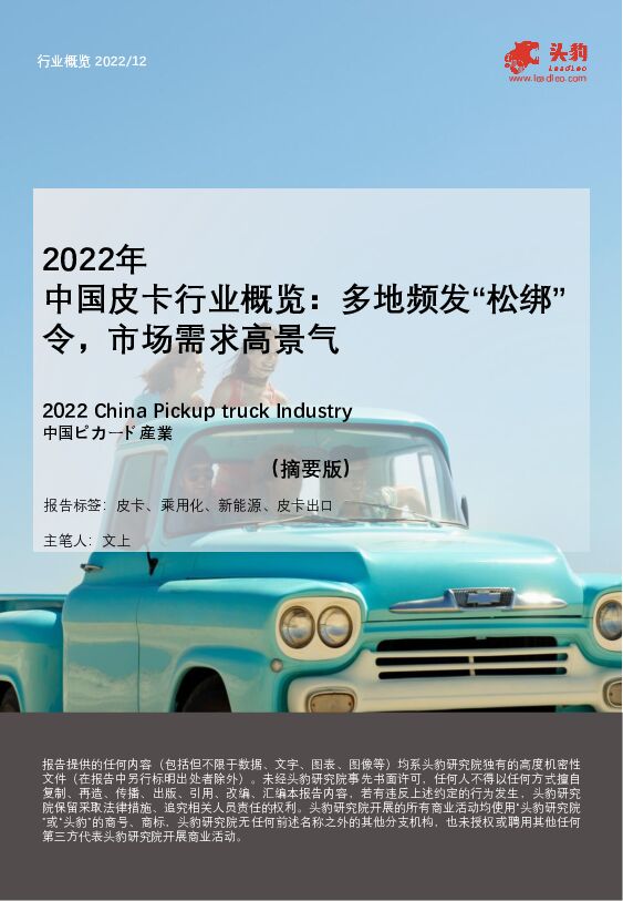 2022年中国皮卡行业概览：多地频发“松绑”令，市场需求高景气（摘要版） 头豹研究院 2023-03-17 附下载