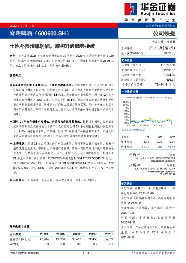 青岛啤酒 土地补偿增厚利润，结构升级趋势持续 华金证券 2022-01-14 附下载