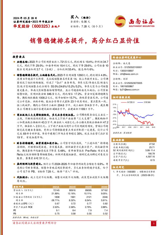 华发股份 2023年年报点评：销售稳健排名提升，高分红凸显价值 西南证券 2024-05-09（6页） 附下载