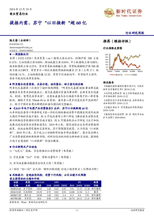 商业贸易行业研究周报：提振内需，苏宁“以旧换新”超60亿 新时代证券 2019-12-30
