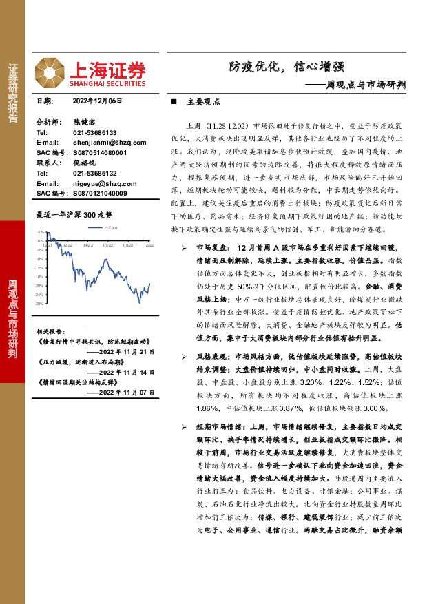 周观点与市场研判：防疫优化，信心增强 上海证券 2022-12-07 附下载