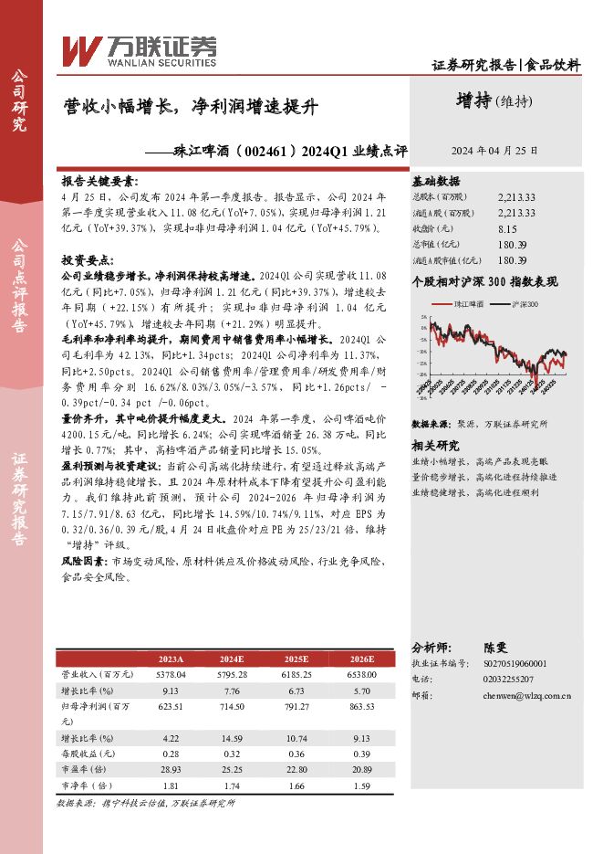 珠江啤酒 2024Q1业绩点评：营收小幅增长，净利润增速提升 万联证券 2024-04-25（3页） 附下载