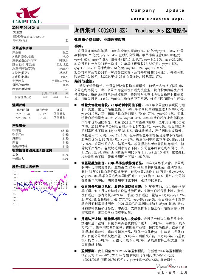 龙佰集团 钛白粉价格回暖，业绩逐季改善 群益证券 2024-04-24（3页） 附下载