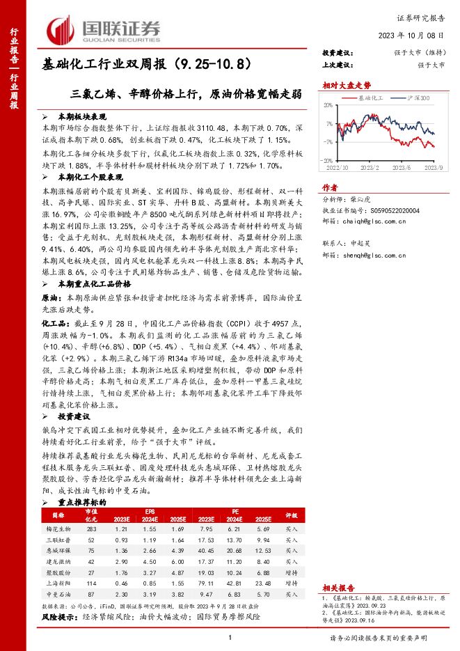 基础化工行业双周报：三氯乙烯、辛醇价格上行，原油价格宽幅走弱 国联证券 2023-10-08（13页） 附下载