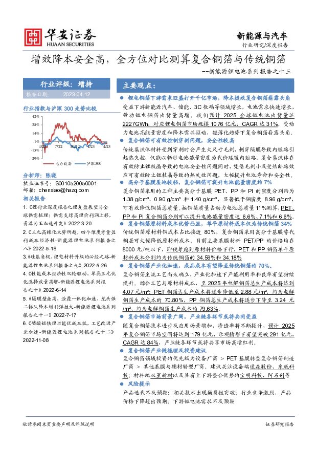 新能源锂电池系列报告之十三：增效降本安全高，全方位对比测算复合铜箔与传统铜箔 华安证券 2023-04-13 附下载