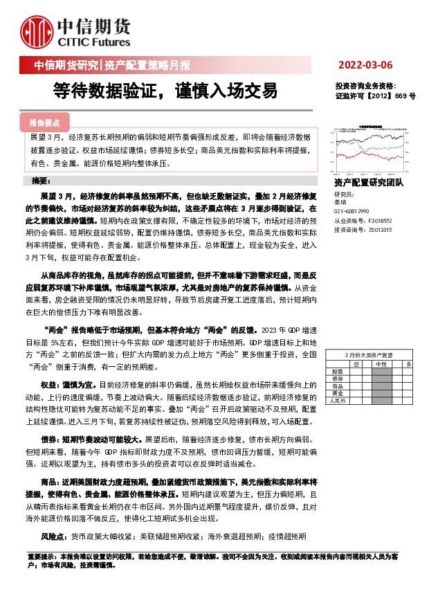 资产配置策略月报：等待数据验证，谨慎入场交易 中信期货 2023-03-08 附下载