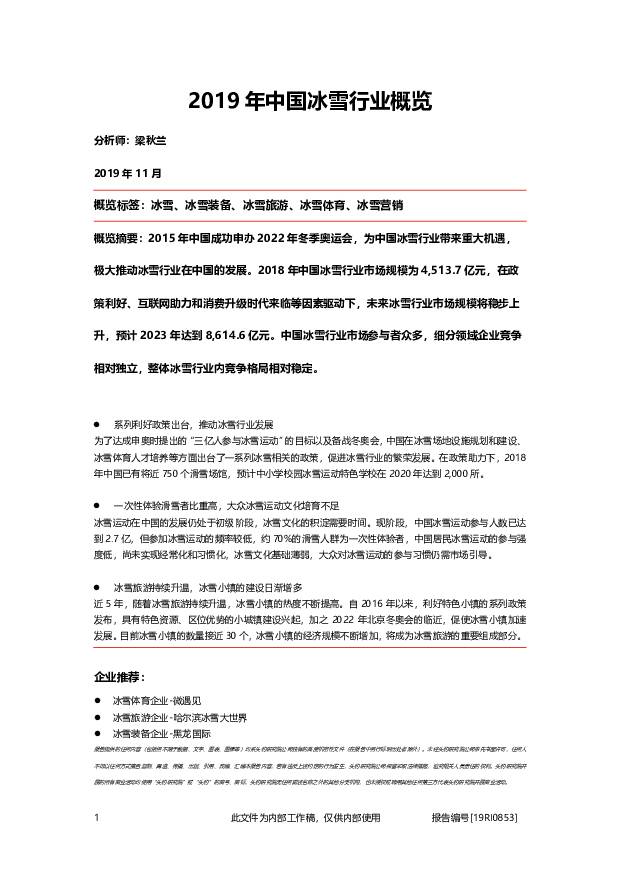 2019年中国冰雪行业概览 头豹研究院 2020-07-17