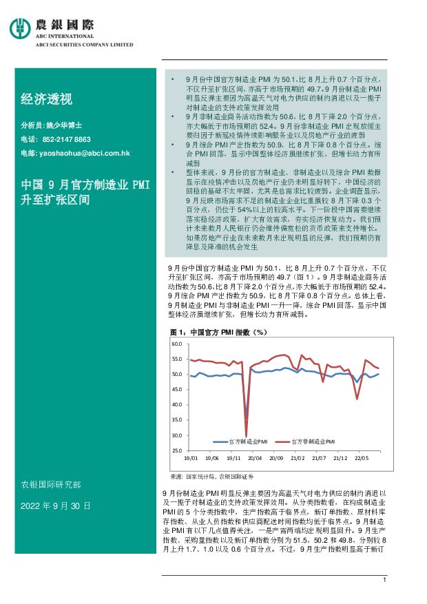经济透视：中国9月官方制造业PMI升至扩张区间 农银国际证券 2022-09-30 附下载