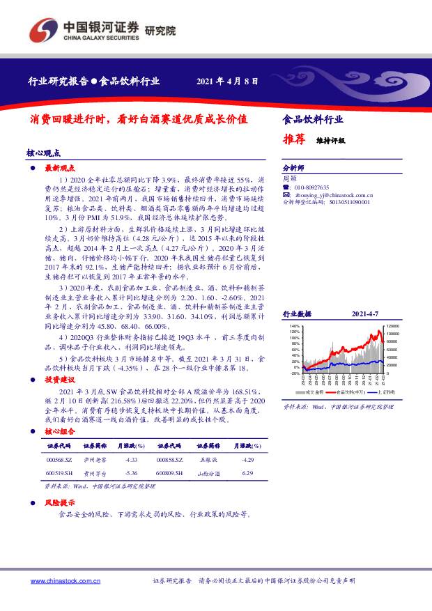 食品饮料行业：消费回暖进行时，看好白酒赛道优质成长价值 中国银河 2021-04-12