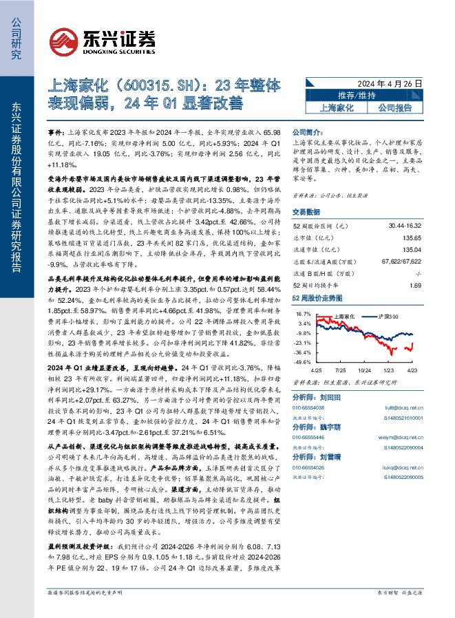 上海家化 23年整体表现偏弱，24年Q1显著改善 东兴证券 2024-04-26（6页） 附下载