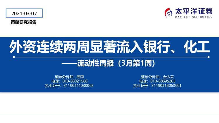 流动性周报（3月第1周）：外资连续两周显著流入银行、化工 太平洋 2021-03-08