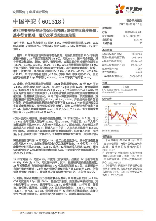 中国平安 盈利主要受投资及信保业务拖累；寿险主业稳步修复，基本符合预期，看好改革成效加速兑现 天风证券 2023-03-20 附下载