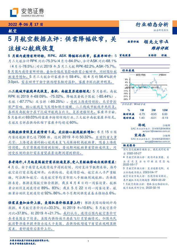 5月航空数据点评：供需降幅收窄，关注核心航线恢复 安信证券 2022-06-17 附下载