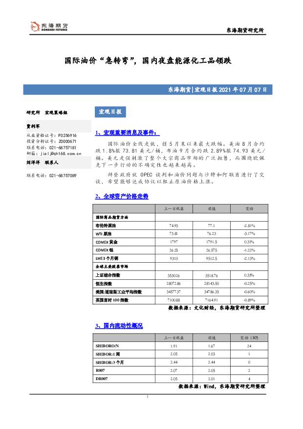 宏观日报：国际油价“急转弯”，国内夜盘能源化工品领跌 东海期货 2021-07-07