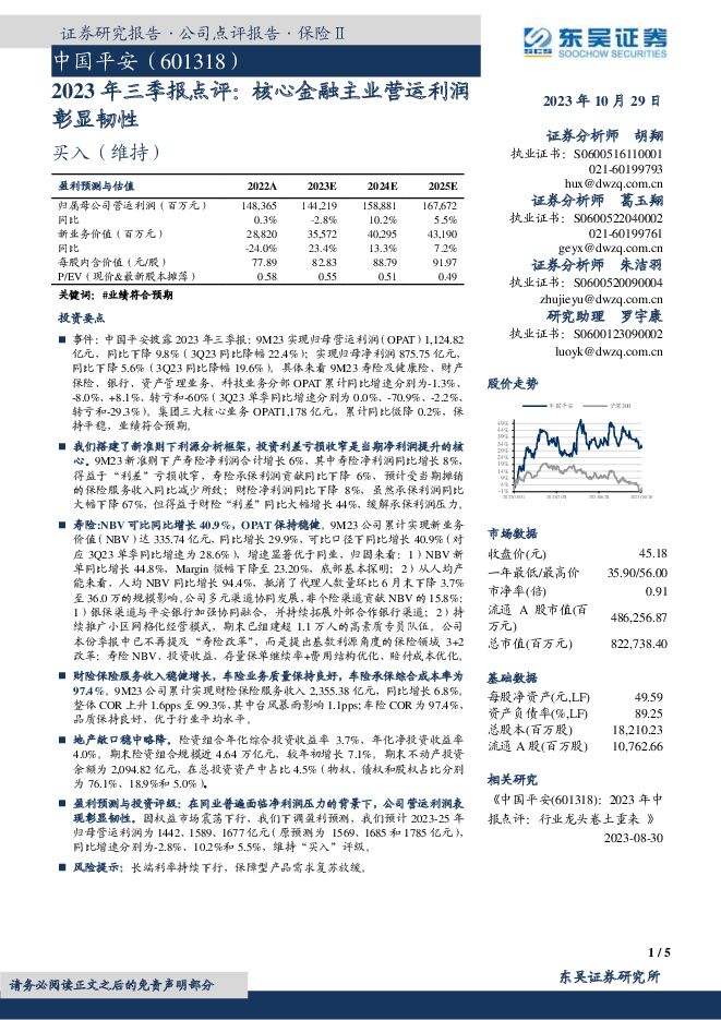 中国平安 2023年三季报点评：核心金融主业营运利润彰显韧性  东吴证券 2023-10-30（5页） 附下载