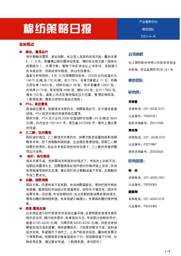 棉纺策略日报 长江期货 2023-04-14 附下载