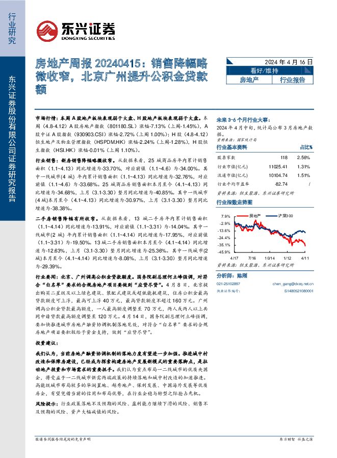 房地产周报：销售降幅略微收窄，北京广州提升公积金贷款额 东兴证券 2024-04-16（9页） 附下载