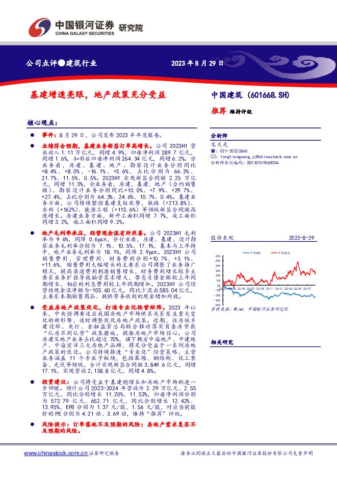 中国建筑 基建增速亮眼，地产政策充分受益 中国银河 2023-08-30（2页） 附下载