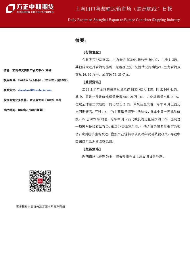 上海出口集装箱运输市场（欧洲航线）日报 方正中期期货 2023-09-05（9页） 附下载