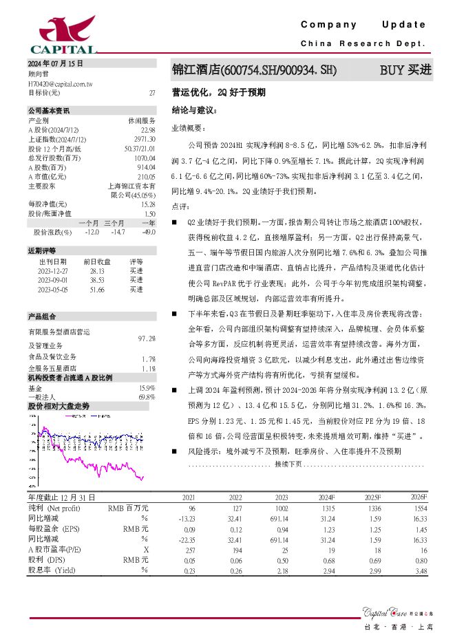 锦江酒店 营运优化，2Q好于预期 群益证券 2024-07-15（3页） 附下载