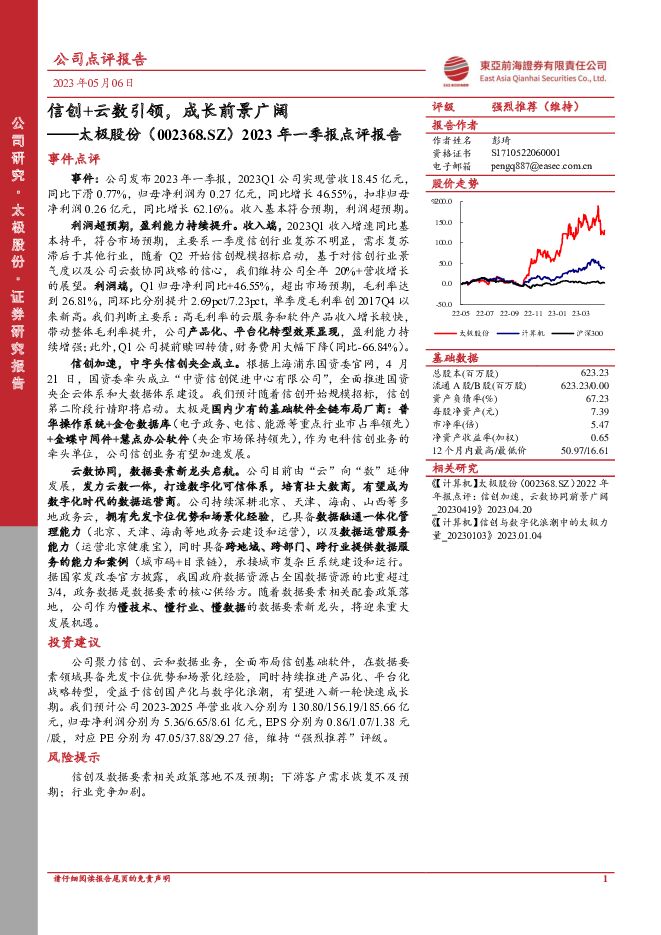 太极股份 2023年一季报点评报告：信创+云数引领，成长前景广阔 东亚前海证券 2023-05-06（5页） 附下载