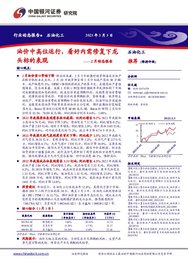 石油化工2月动态报告：油价中高位运行，看好内需修复下龙头标的表现 中国银河 2023-03-06 附下载