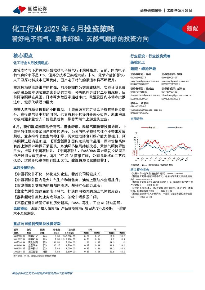 化工行业2023年6月投资策略：看好电子特气、膳食纤维、天然气顺价的投资方向 国信证券 2023-06-02（20页） 附下载