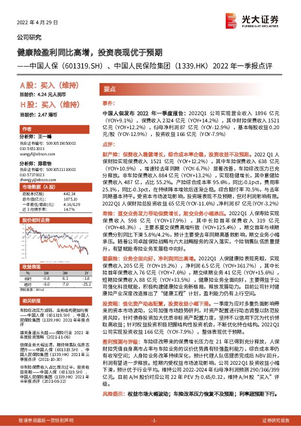 中国人保 2022年一季报点评：健康险盈利同比高增，投资表现优于预期 光大证券 2022-05-24 附下载