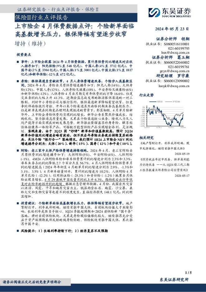 上市险企4月保费数据点评：个险新单面临高基数增长压力，银保降幅有望逐步收窄 东吴证券 2024-05-23（5页） 附下载