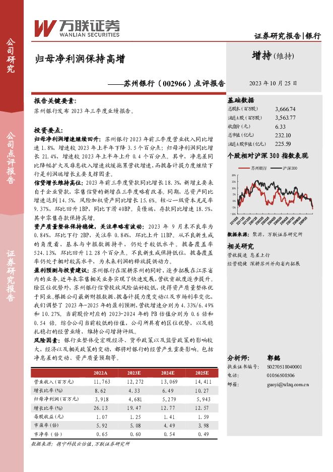 苏州银行 点评报告：归母净利润保持高增 万联证券 2023-10-25（3页） 附下载